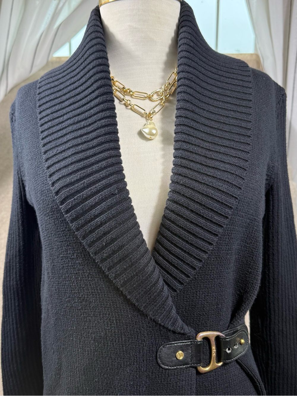 Lauren Ralph Lauren Black Shawl Collar Wrap Cardigan with Lg Gold Buckle Sz XS